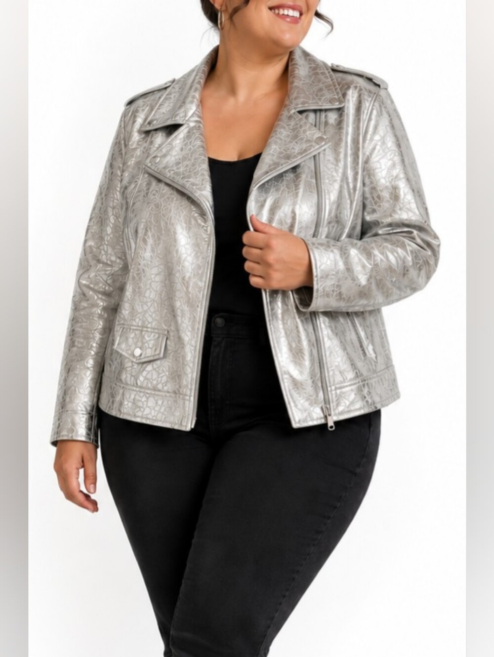 Terra & Sky Silver Metallic Faux Leather Moto Jacket Plus Biker Women Size 4X